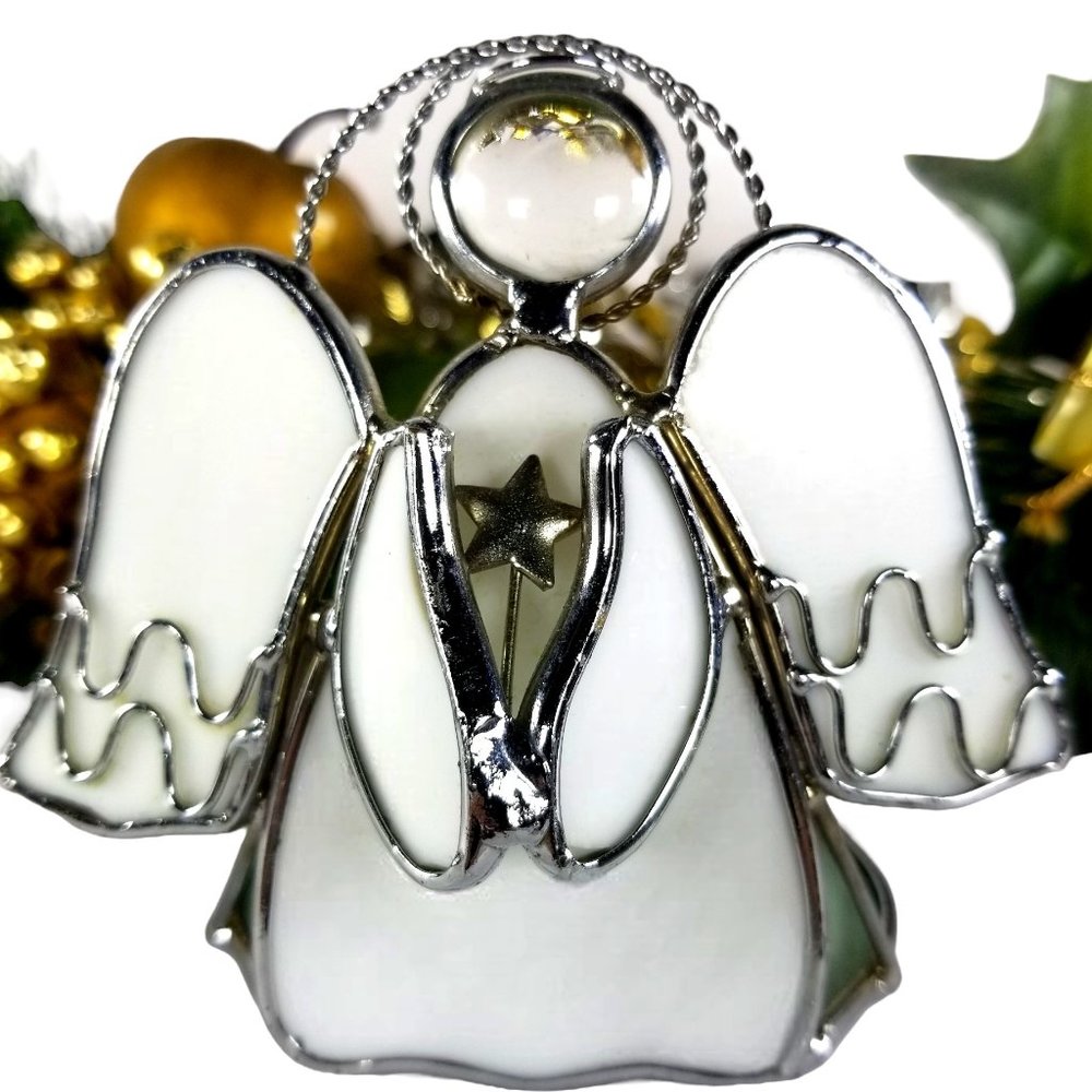 Christmas Angel Tea light Holder Vintage White Stain Glass & Polished Chrome